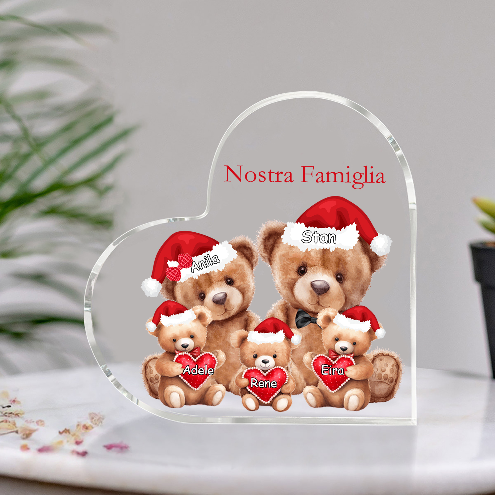 Nostra Famiglia Decorazione cuore acrilica con orsacchiotto Natale con 5 nomi e 1 testo personalizzati regalo per Natale