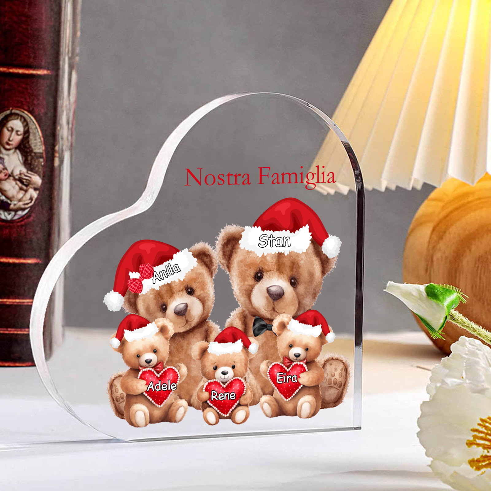 Nostra Famiglia Decorazione cuore acrilica con orsacchiotto Natale con 5 nomi e 1 testo personalizzati regalo per Natale