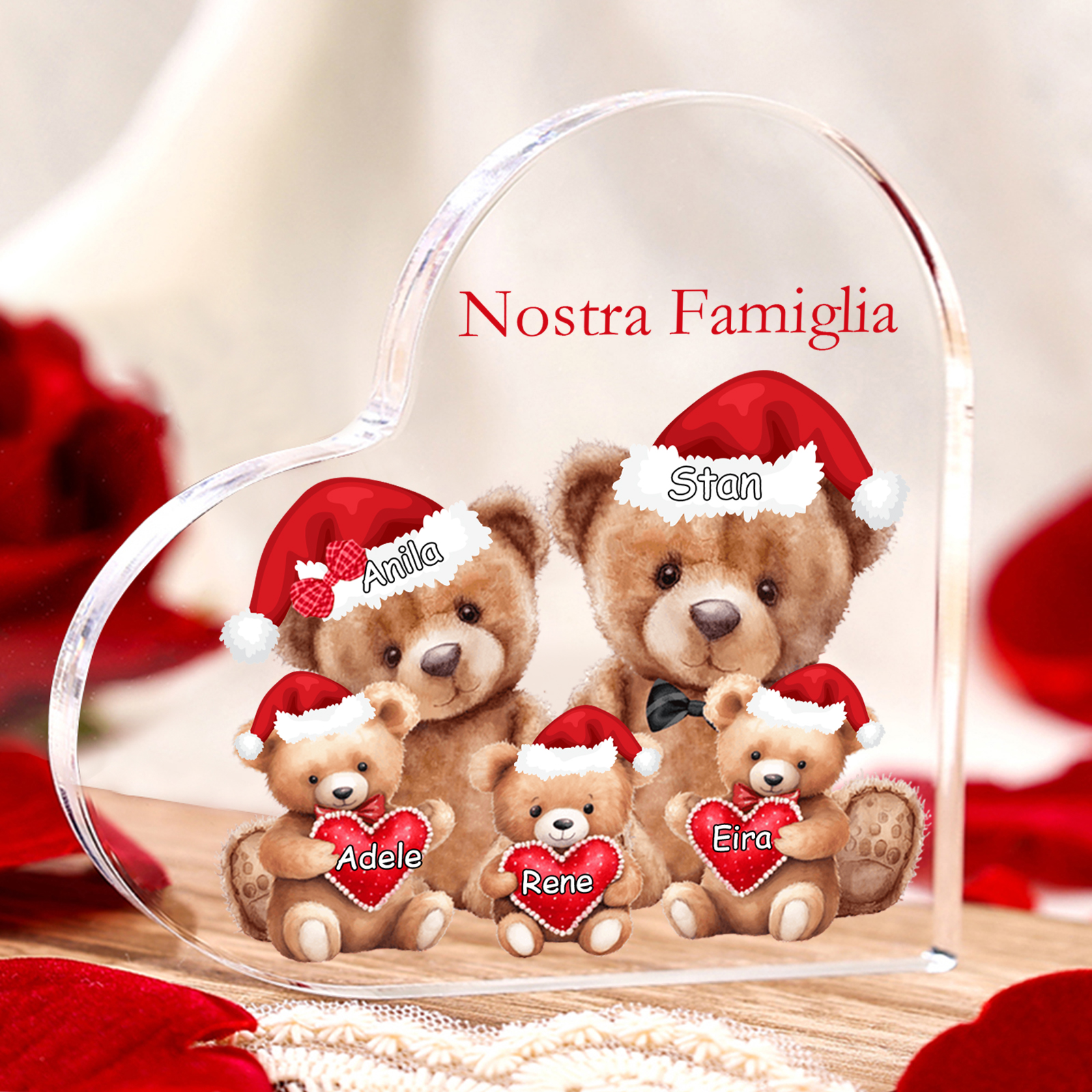 Nostra Famiglia Decorazione cuore acrilica con orsacchiotto Natale con 5 nomi e 1 testo personalizzati regalo per Natale