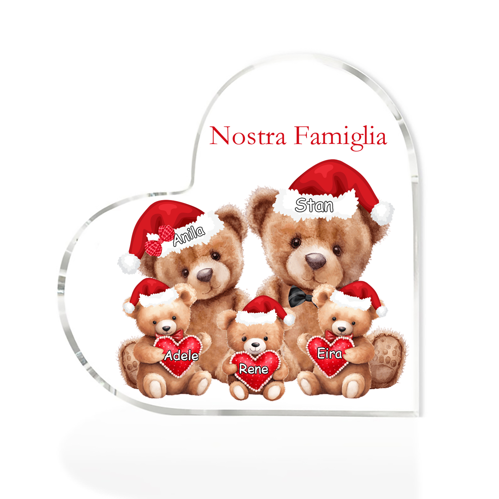 Nostra Famiglia Decorazione cuore acrilica con orsacchiotto Natale con 5 nomi e 1 testo personalizzati regalo per Natale