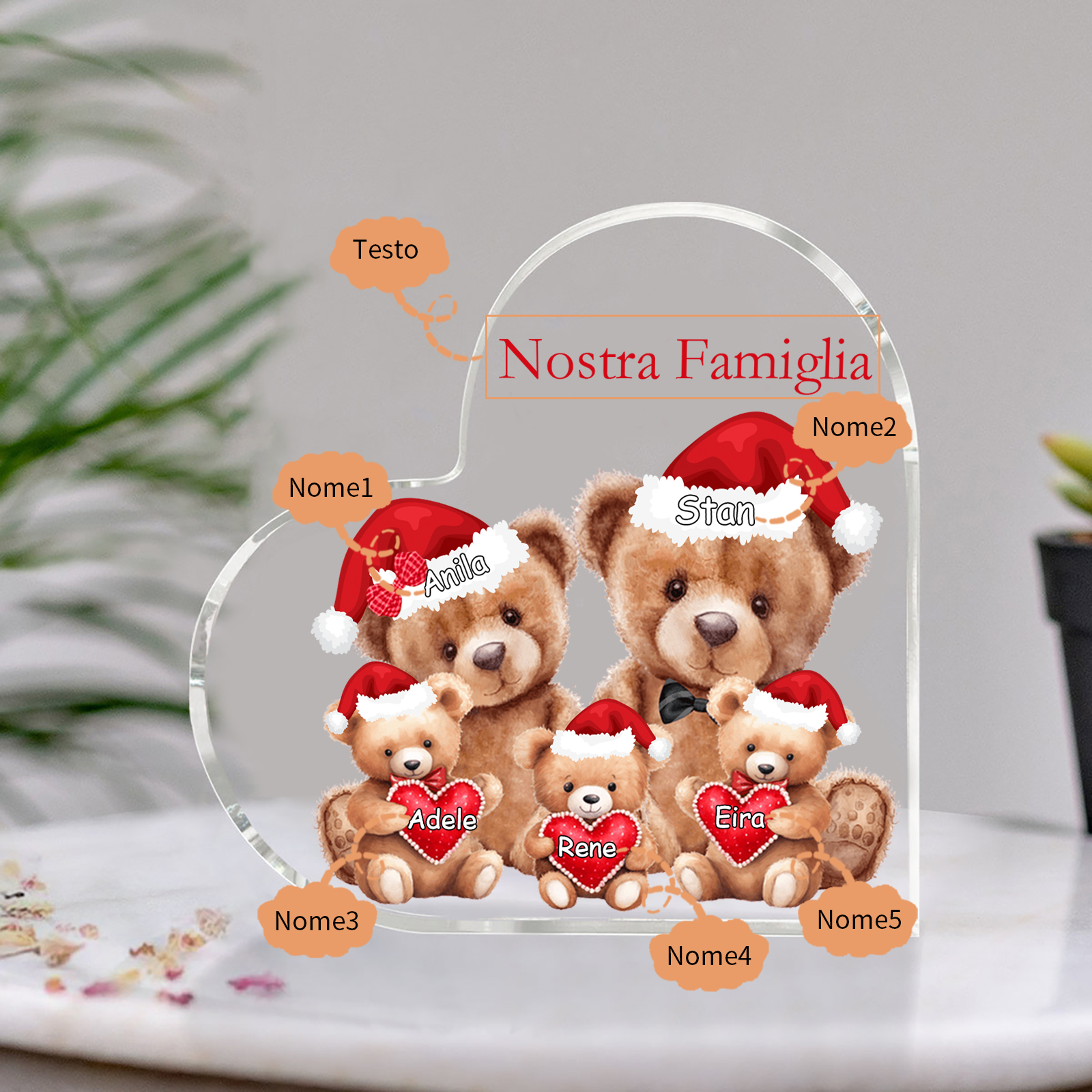 Nostra Famiglia Decorazione cuore acrilica con orsacchiotto Natale con 5 nomi e 1 testo personalizzati regalo per Natale