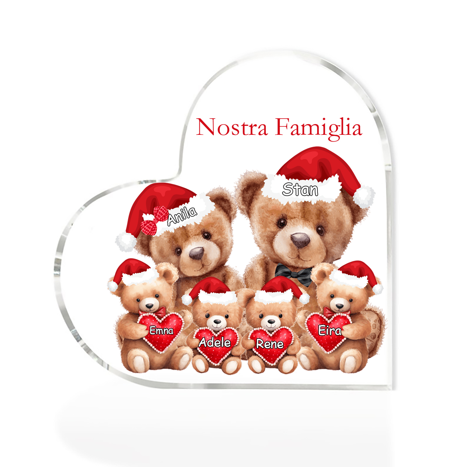 Nostra Famiglia Decorazione cuore acrilica con orsacchiotto Natale con 6 nomi e 1 testo personalizzati regalo per Natale