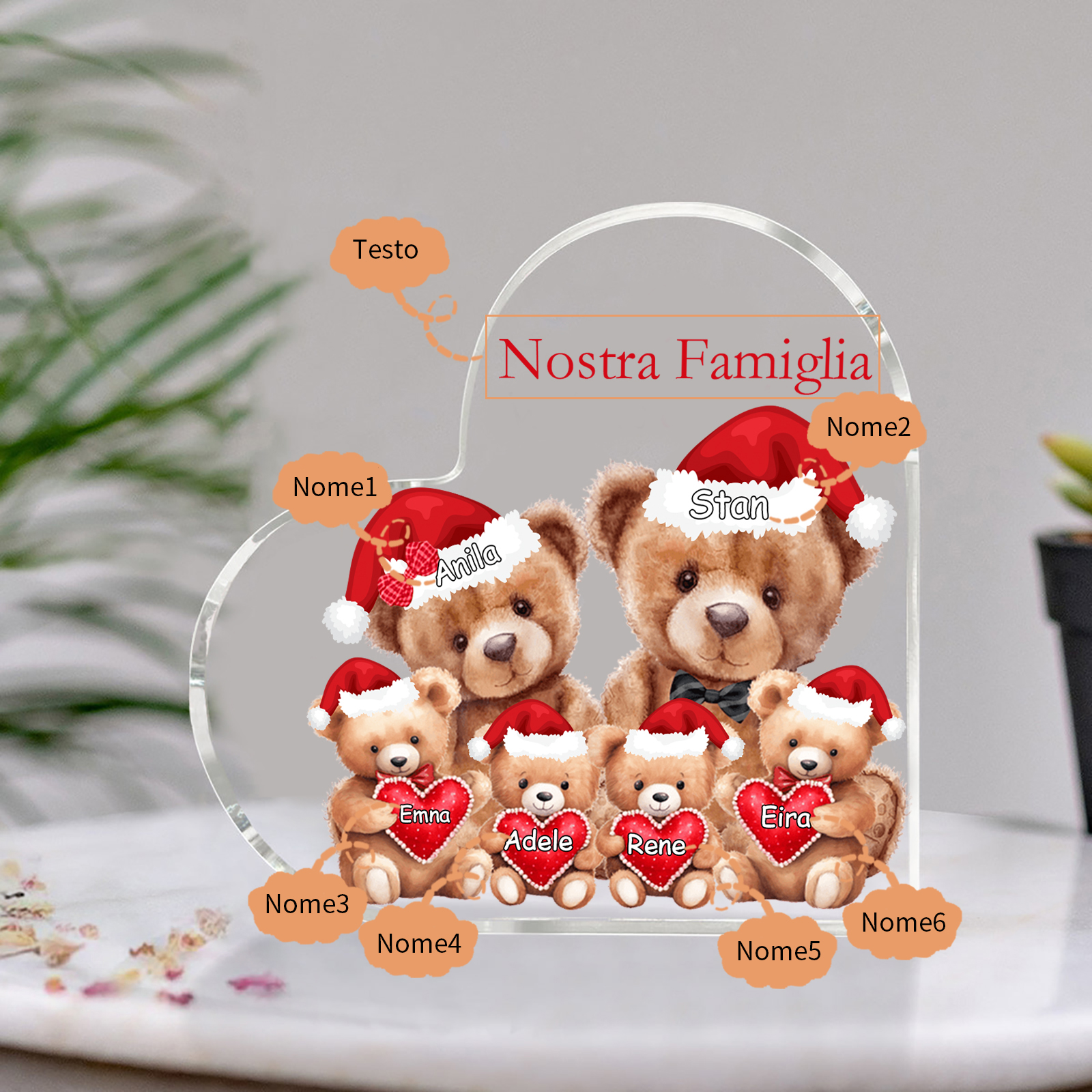 Nostra Famiglia Decorazione cuore acrilica con orsacchiotto Natale con 6 nomi e 1 testo personalizzati regalo per Natale