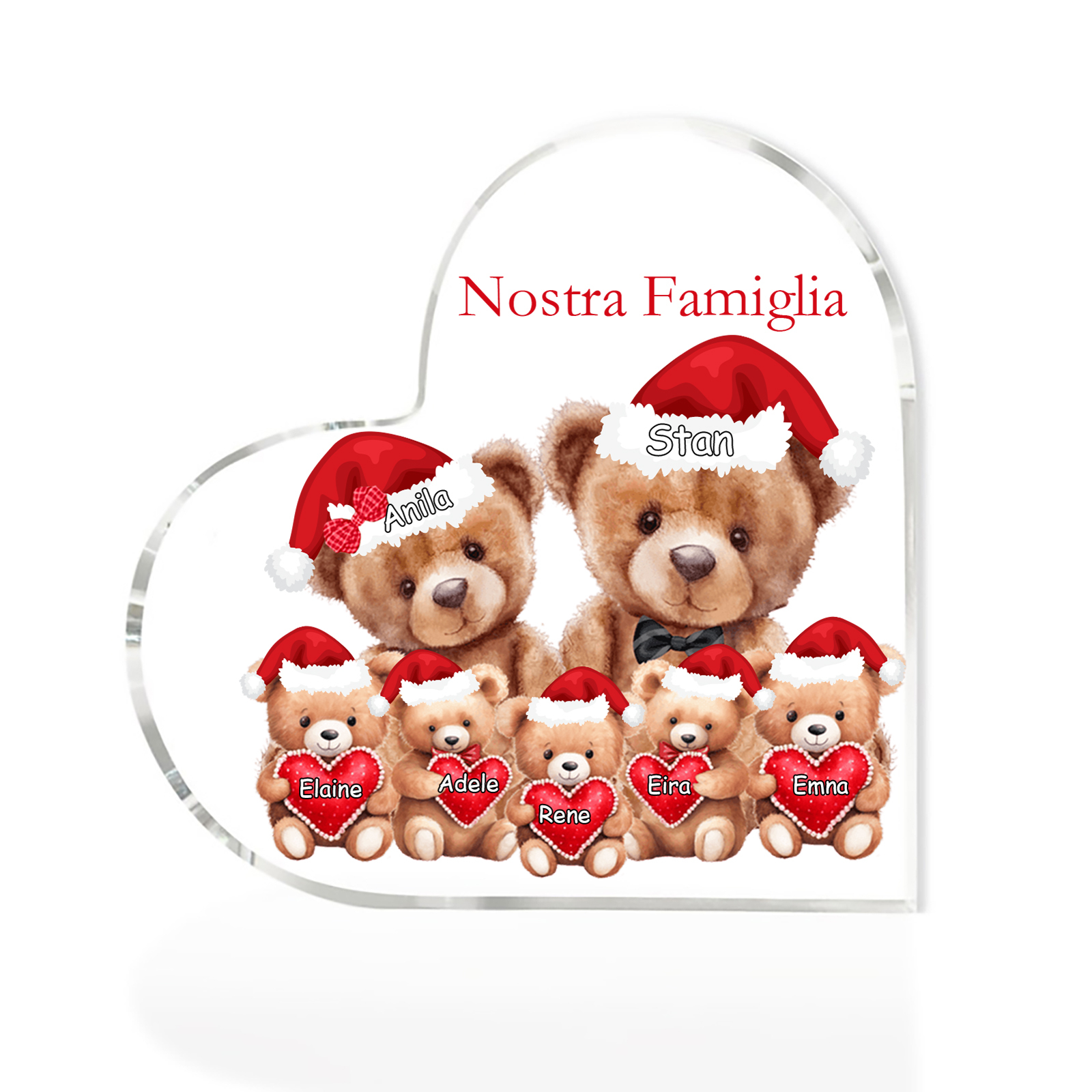 Nostra Famiglia Decorazione cuore acrilica con orsacchiotto Natale con 7 nomi e 1 testo personalizzati regalo per Natale