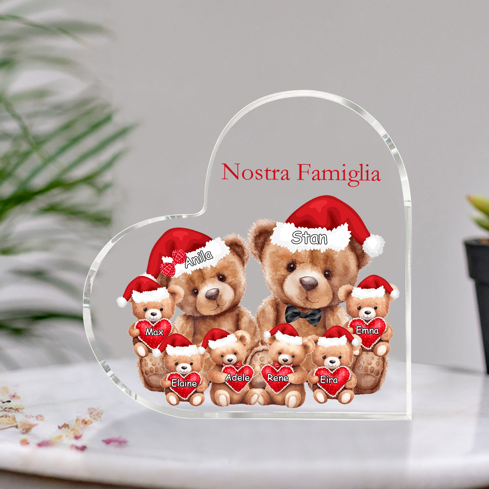 Nostra Famiglia Decorazione cuore acrilica con orsacchiotto Natale con 8 nomi e 1 testo personalizzati regalo per Natale