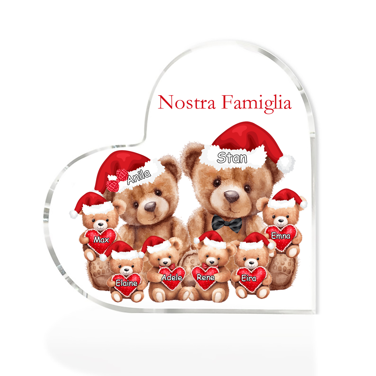 Nostra Famiglia Decorazione cuore acrilica con orsacchiotto Natale con 8 nomi e 1 testo personalizzati regalo per Natale