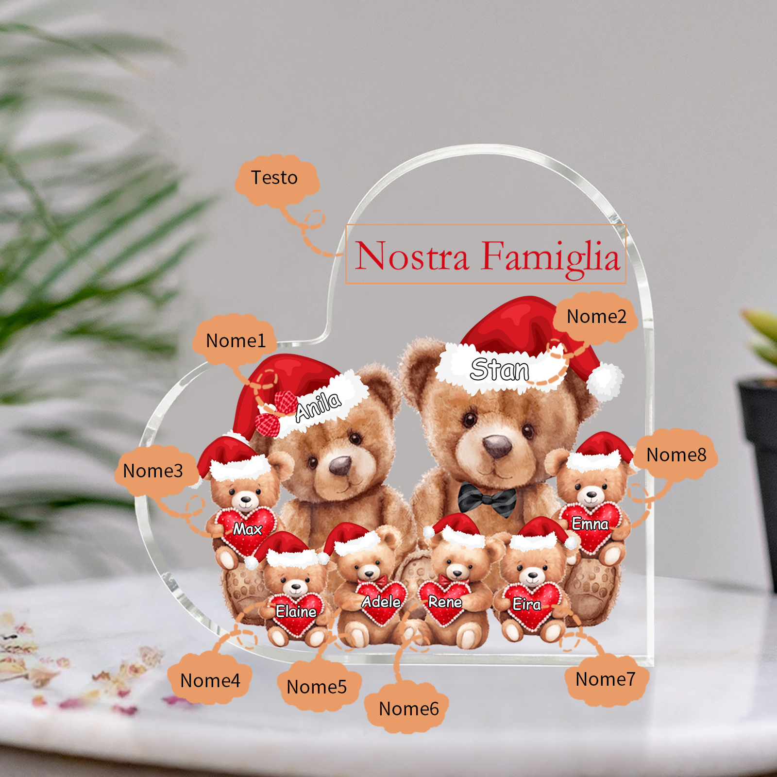 Nostra Famiglia Decorazione cuore acrilica con orsacchiotto Natale con 8 nomi e 1 testo personalizzati regalo per Natale