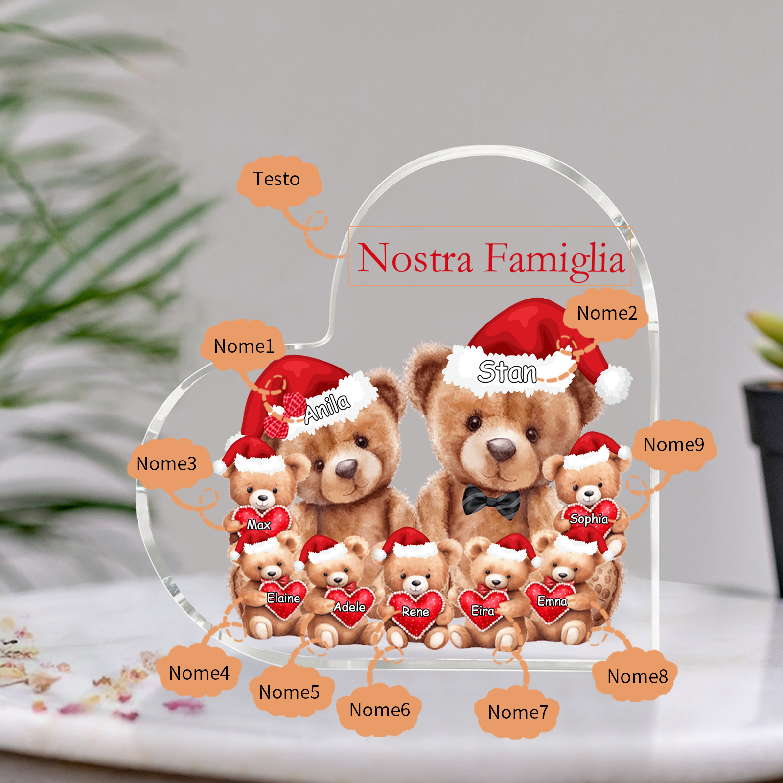 Nostra Famiglia Decorazione cuore acrilica con orsacchiotto Natale con 9 nomi e 1 testo personalizzati regalo per Natale