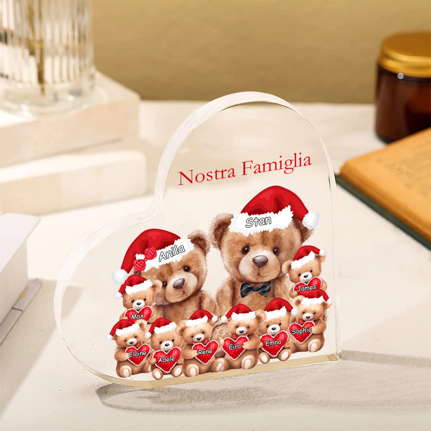 Nostra Famiglia Decorazione cuore acrilica con orsacchiotto Natale con 10 nomi e 1 testo personalizzati regalo per Natale