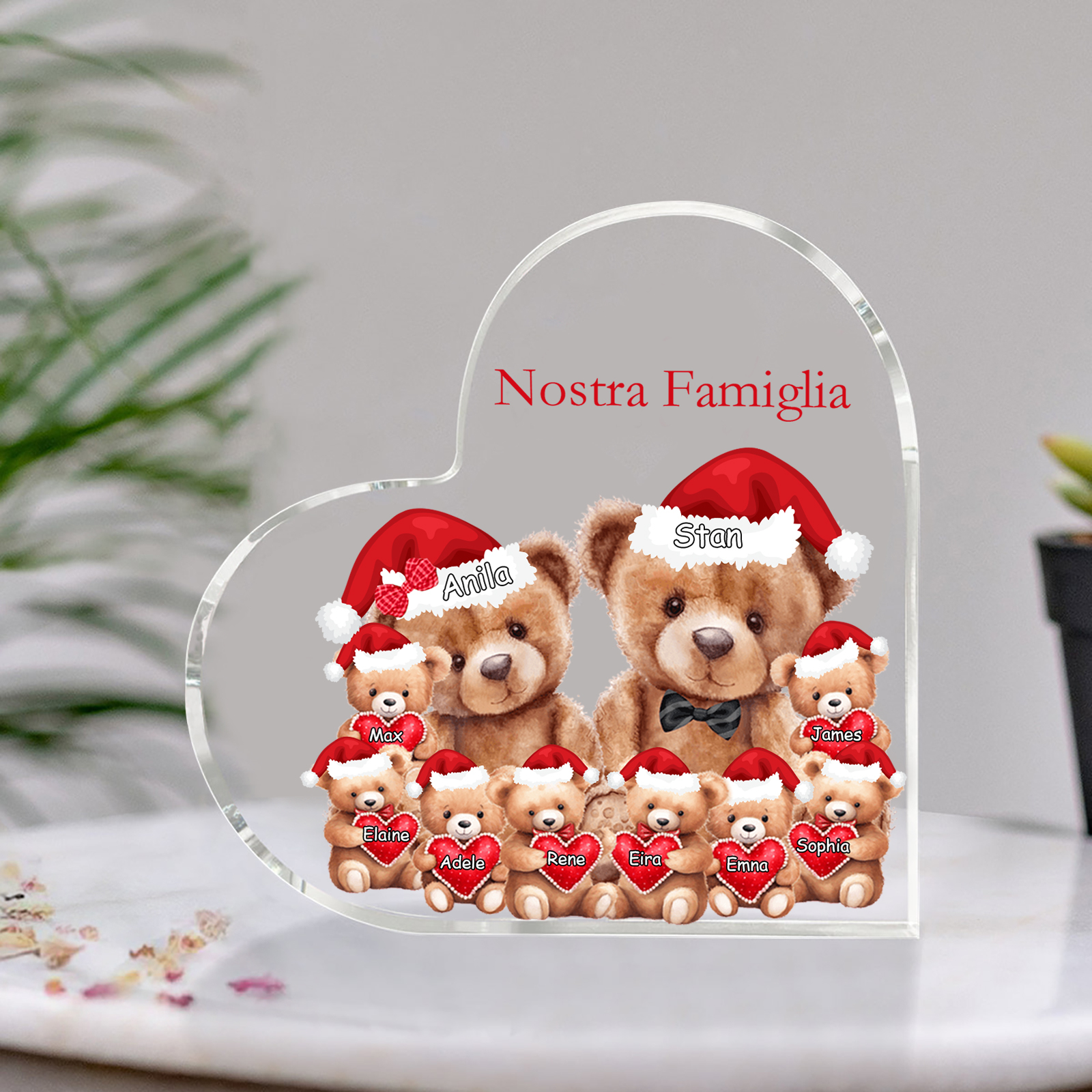 Nostra Famiglia Decorazione cuore acrilica con orsacchiotto Natale con 10 nomi e 1 testo personalizzati regalo per Natale