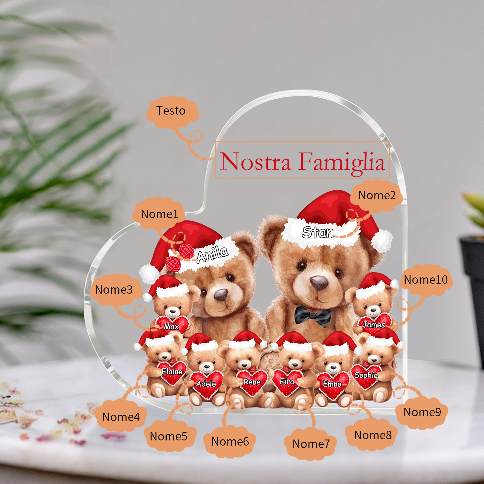 Nostra Famiglia Decorazione cuore acrilica con orsacchiotto Natale con 10 nomi e 1 testo personalizzati regalo per Natale