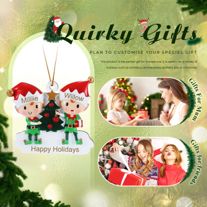 Decorazione Natalizia in Legno Personalizzata - Albero di Natale e Elfi - Personalizzabile con 2 Nomi e 1 Testo - Regalo di Natale per Famiglia | Jessemade