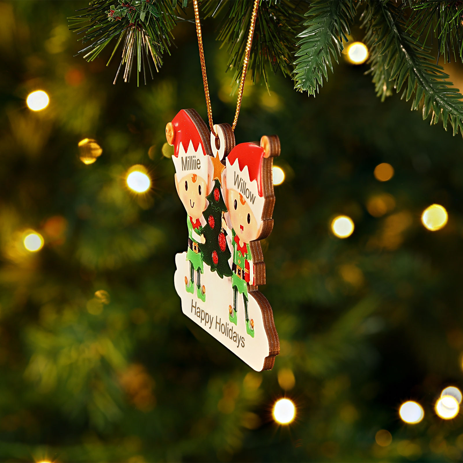 Decorazione Natalizia in Legno Personalizzata - Albero di Natale e Elfi - Personalizzabile con 2 Nomi e 1 Testo - Regalo di Natale per Famiglia | Jessemade