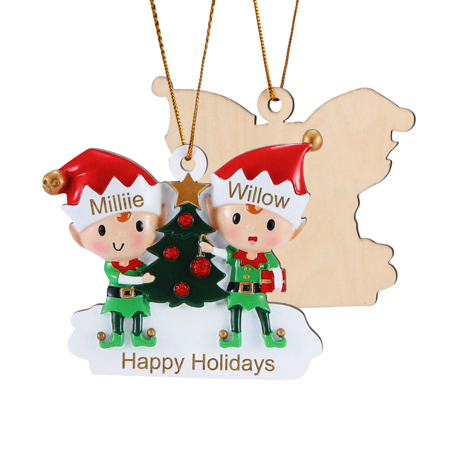 Decorazione Natalizia in Legno Personalizzata - Albero di Natale e Elfi - Personalizzabile con 2 Nomi e 1 Testo - Regalo di Natale per Famiglia | Jessemade