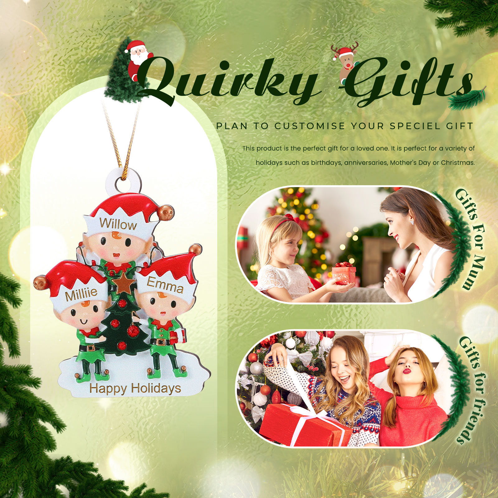 Decorazione Natalizia in Legno Personalizzata - Albero di Natale e Elfi - Personalizzabile con 3 Nomi e 1 Testo - Regalo di Natale per Famiglia | Jessemade