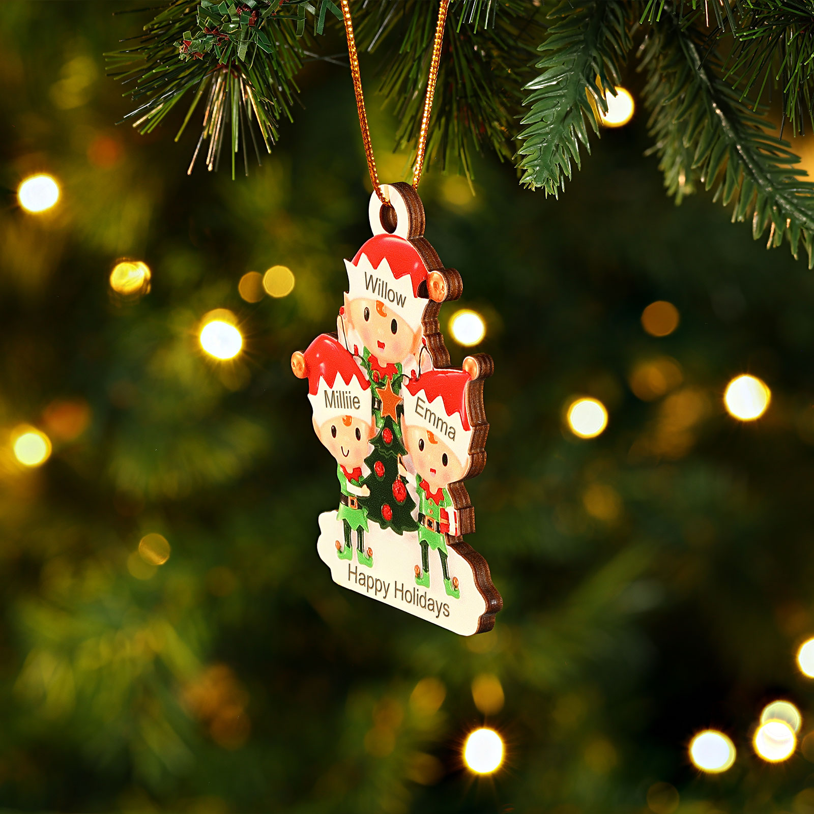 Decorazione Natalizia in Legno Personalizzata - Albero di Natale e Elfi - Personalizzabile con 3 Nomi e 1 Testo - Regalo di Natale per Famiglia | Jessemade