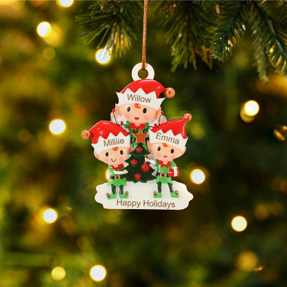 Decorazione Natalizia in Legno Personalizzata - Albero di Natale e Elfi - Personalizzabile con 3 Nomi e 1 Testo - Regalo di Natale per Famiglia | Jessemade