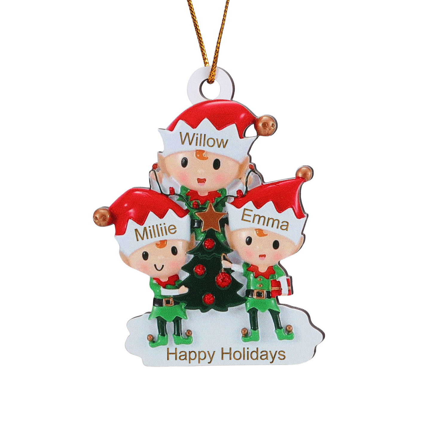 Decorazione Natalizia in Legno Personalizzata - Albero di Natale e Elfi - Personalizzabile con 3 Nomi e 1 Testo - Regalo di Natale per Famiglia | Jessemade