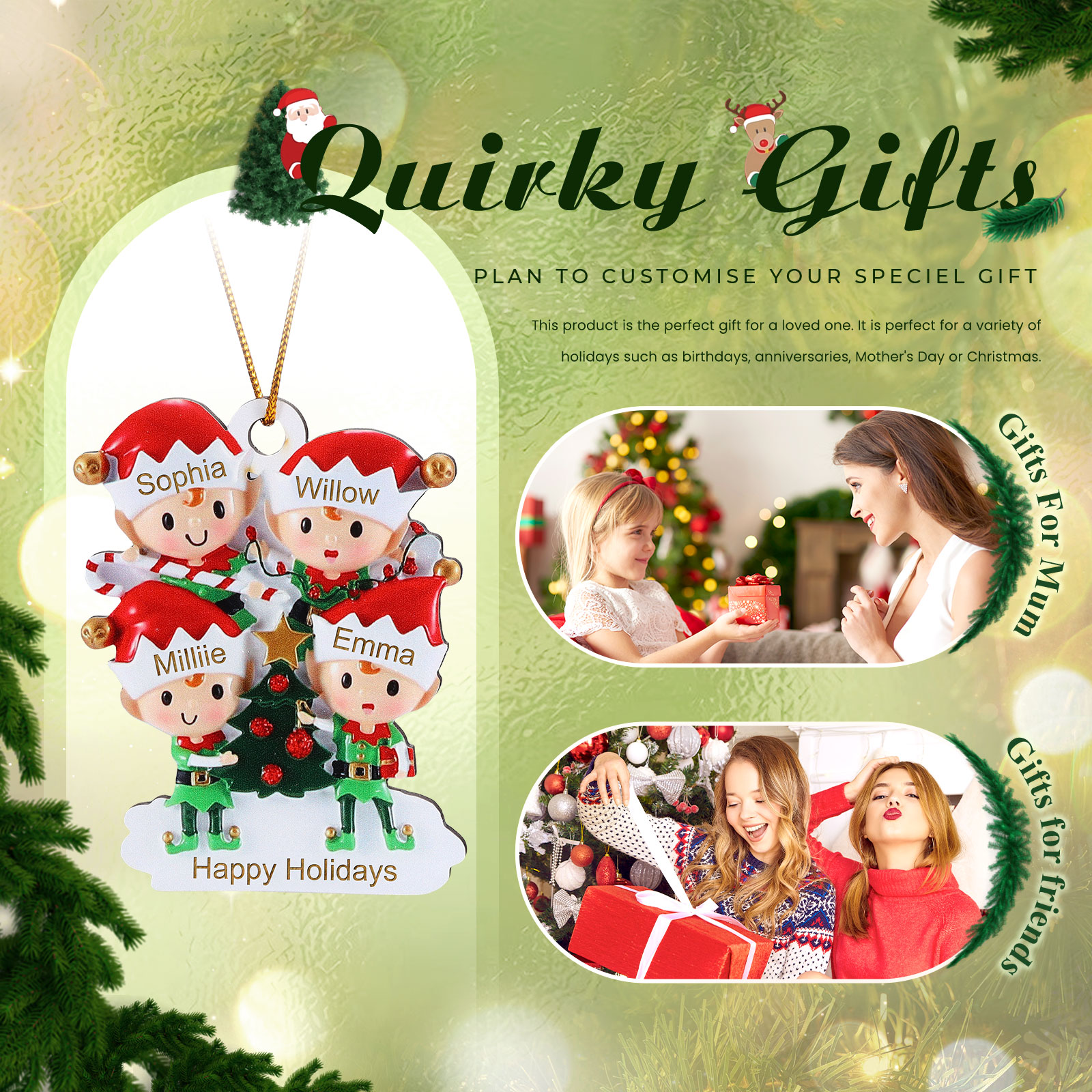 Decorazione Natalizia in Legno Personalizzata - Albero di Natale e Elfi - Personalizzabile con 4 Nomi e 1 Testo - Regalo di Natale per Famiglia | Jessemade