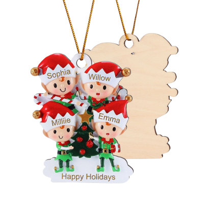 Decorazione Natalizia in Legno Personalizzata - Albero di Natale e Elfi - Personalizzabile con 4 Nomi e 1 Testo - Regalo di Natale per Famiglia | Jessemade