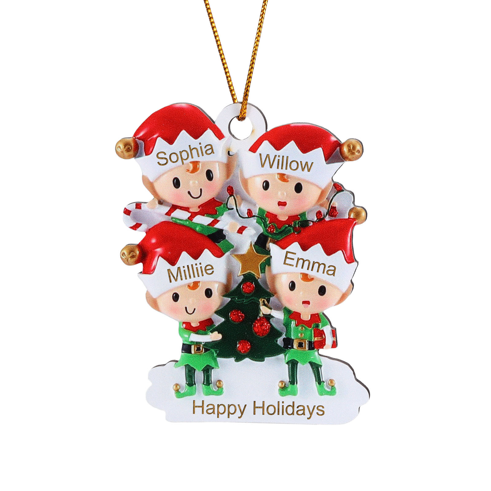 Decorazione Natalizia in Legno Personalizzata - Albero di Natale e Elfi - Personalizzabile con 4 Nomi e 1 Testo - Regalo di Natale per Famiglia | Jessemade