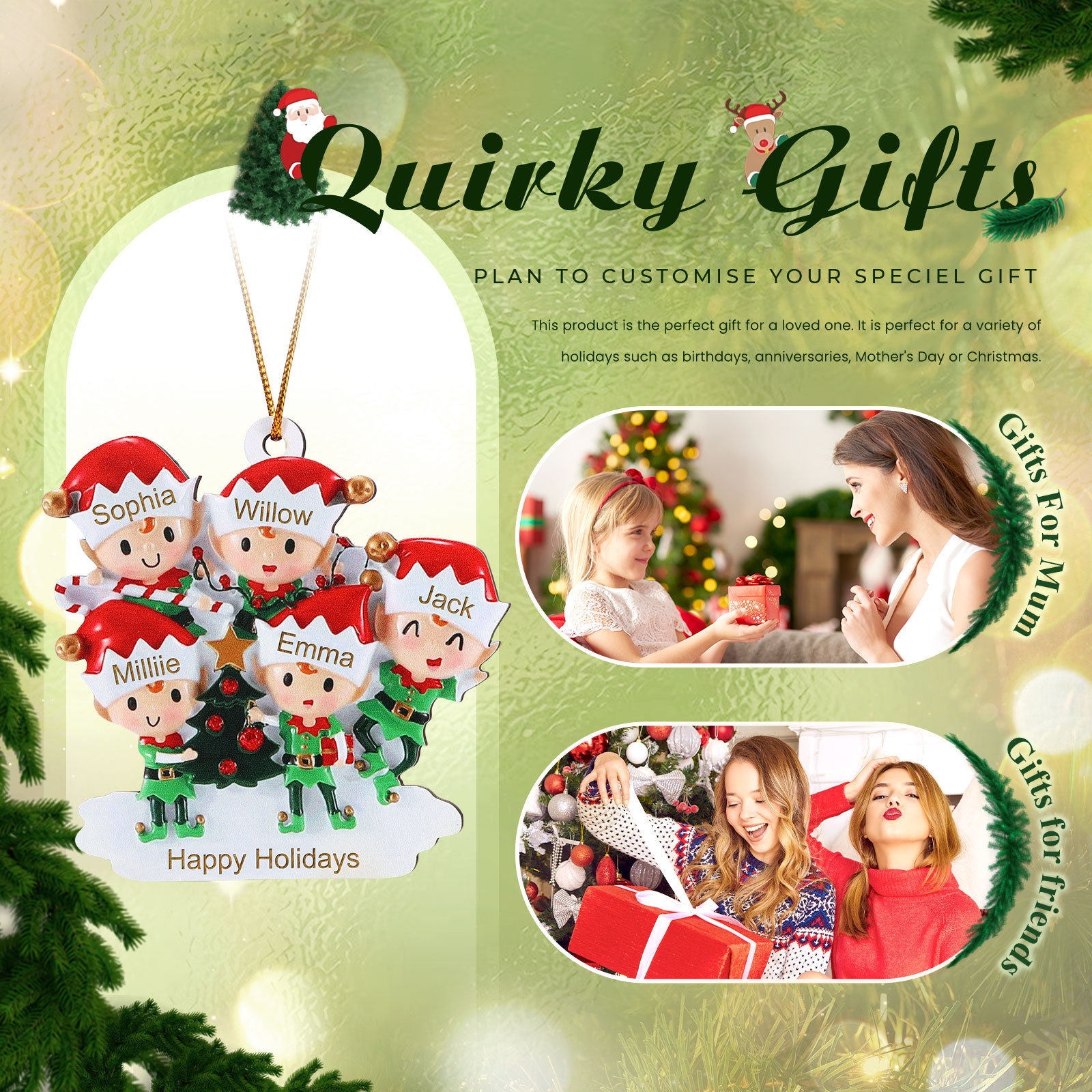 Decorazione Natalizia in Legno Personalizzata - Albero di Natale e Elfi - Personalizzabile con 5 Nomi e 1 Testo - Regalo di Natale per Famiglia | Jessemade