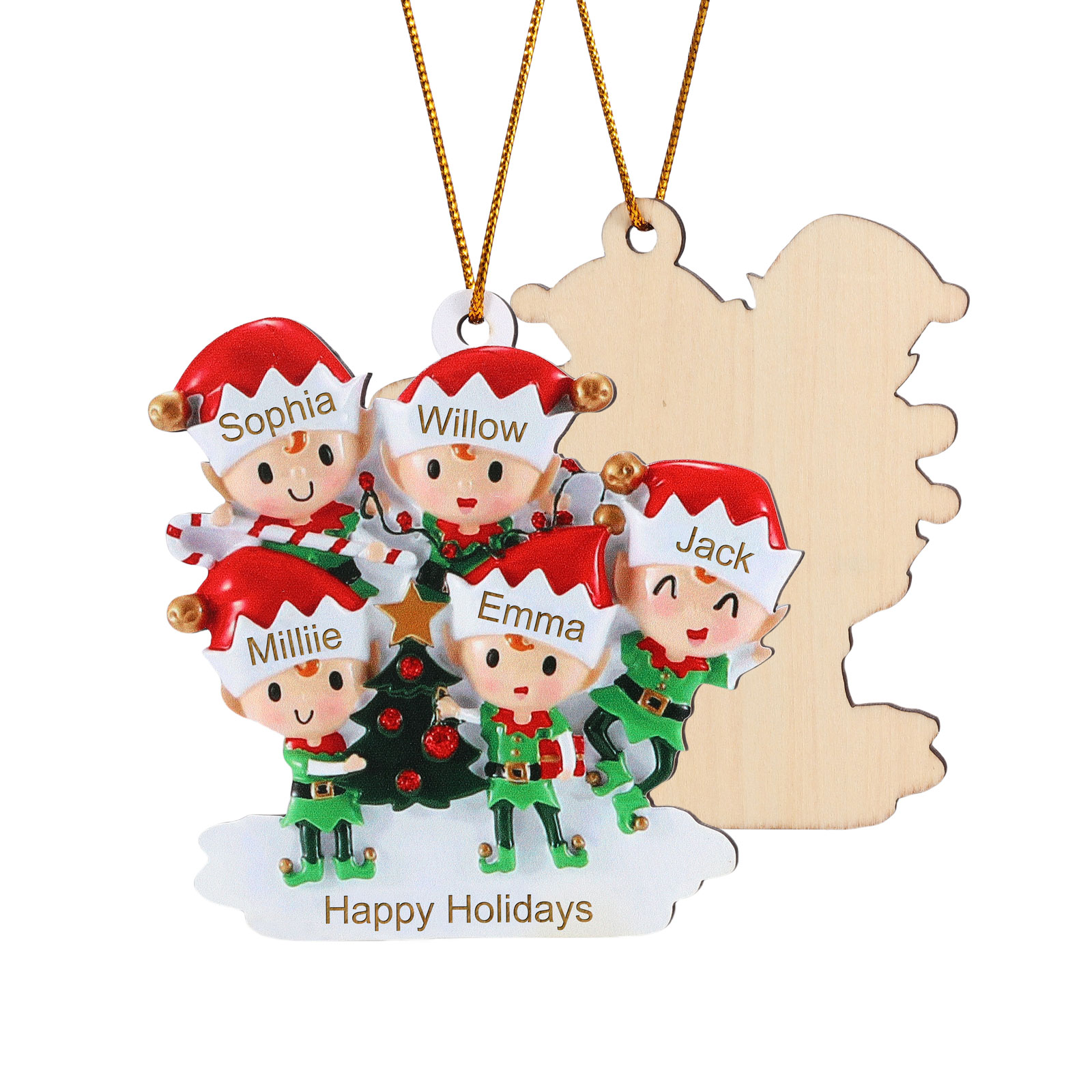 Decorazione Natalizia in Legno Personalizzata - Albero di Natale e Elfi - Personalizzabile con 5 Nomi e 1 Testo - Regalo di Natale per Famiglia | Jessemade