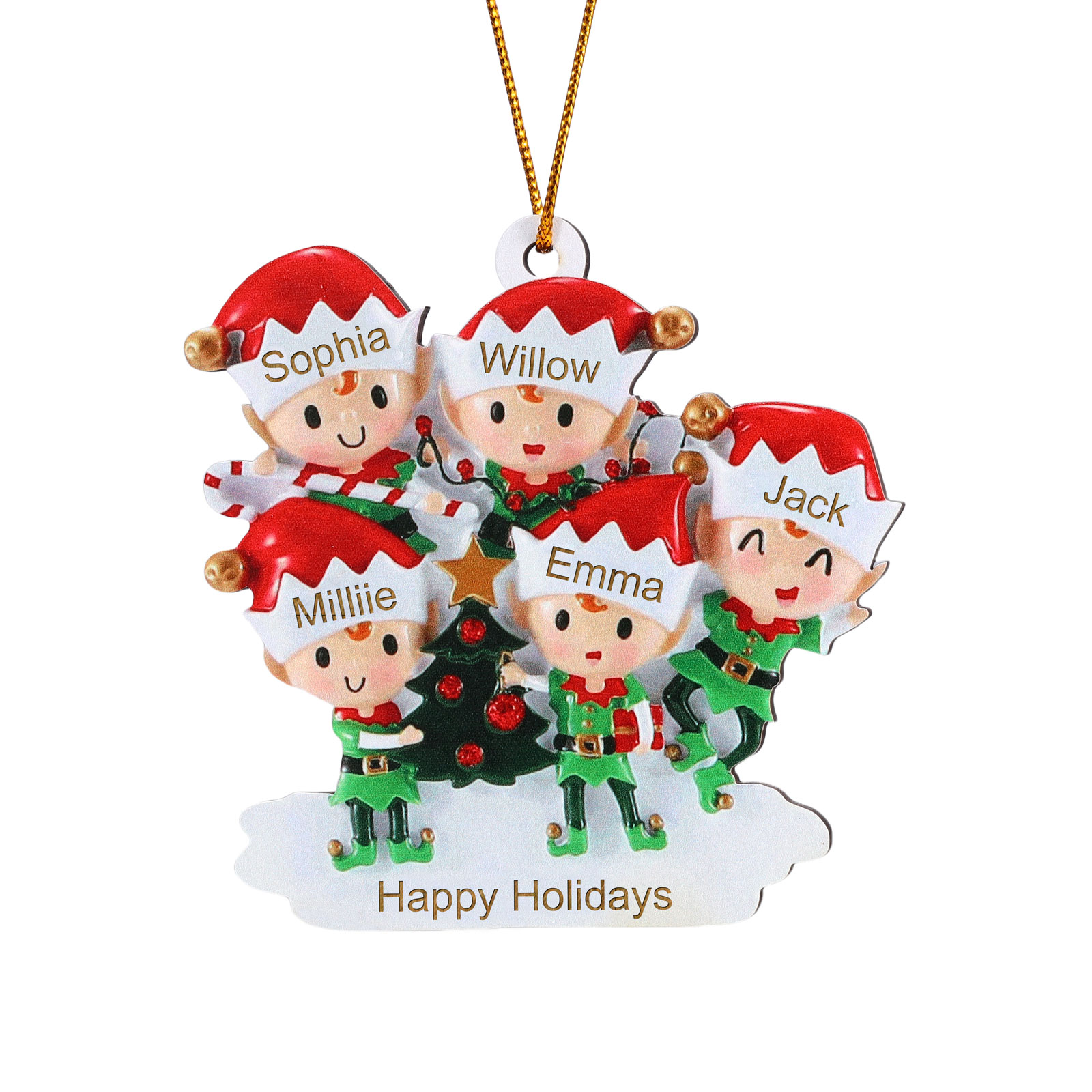 Decorazione Natalizia in Legno Personalizzata - Albero di Natale e Elfi - Personalizzabile con 5 Nomi e 1 Testo - Regalo di Natale per Famiglia | Jessemade