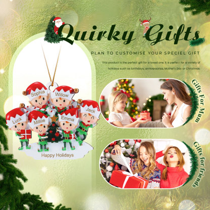 Decorazione Natalizia in Legno Personalizzata - Albero di Natale e Elfi - Personalizzabile con 6 Nomi e 1 Testo - Regalo di Natale per Famiglia | Jessemade