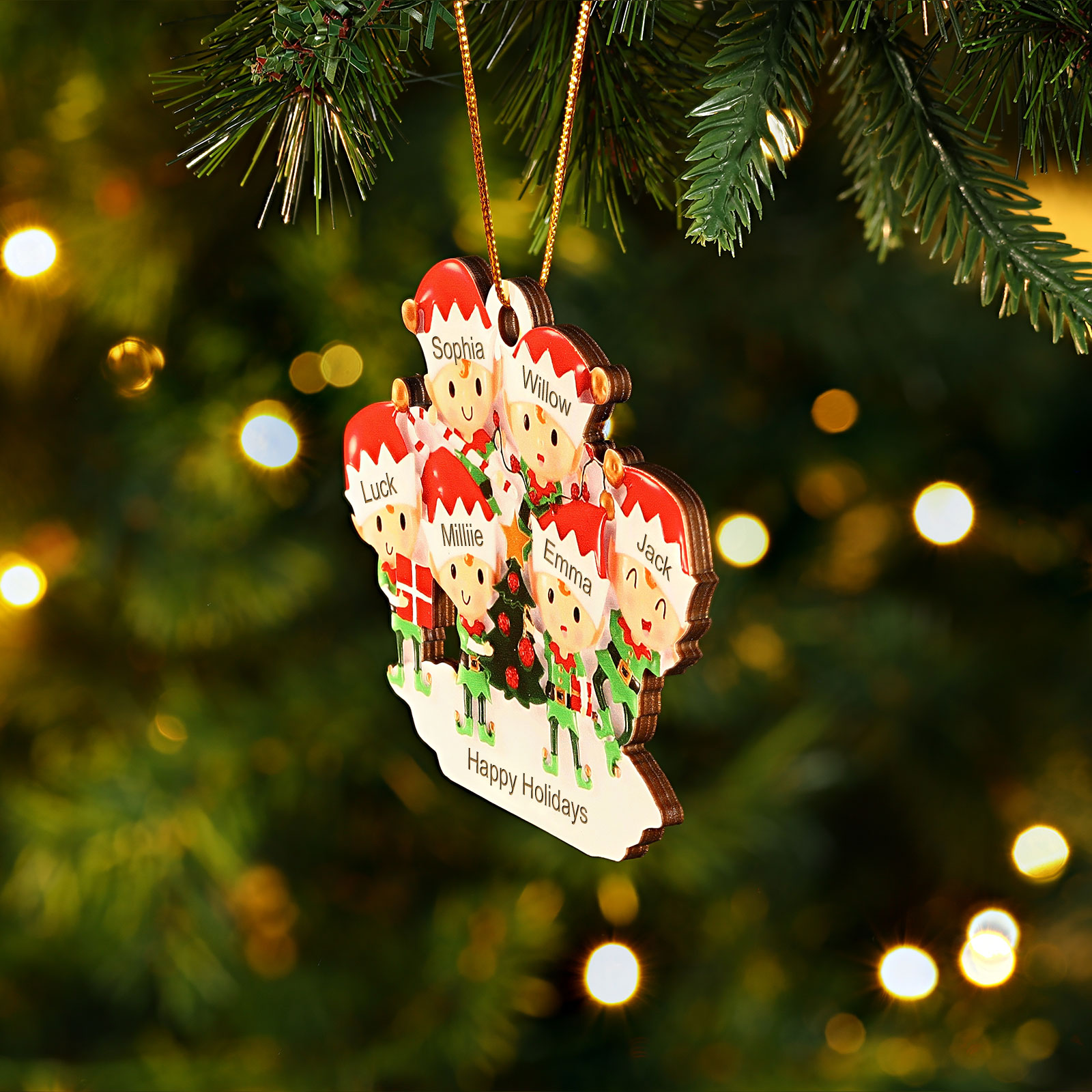 Decorazione Natalizia in Legno Personalizzata - Albero di Natale e Elfi - Personalizzabile con 6 Nomi e 1 Testo - Regalo di Natale per Famiglia | Jessemade