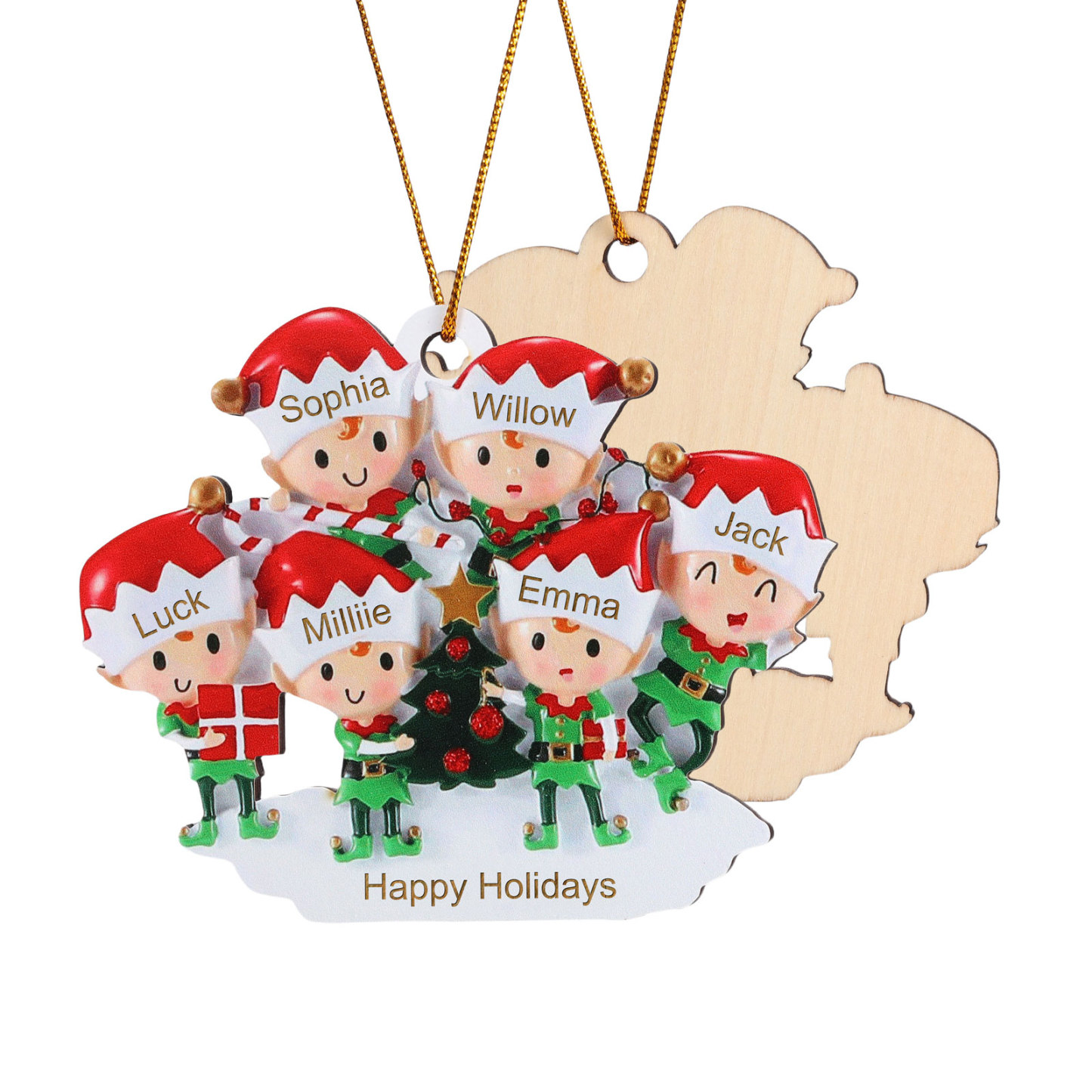 Decorazione Natalizia in Legno Personalizzata - Albero di Natale e Elfi - Personalizzabile con 6 Nomi e 1 Testo - Regalo di Natale per Famiglia | Jessemade