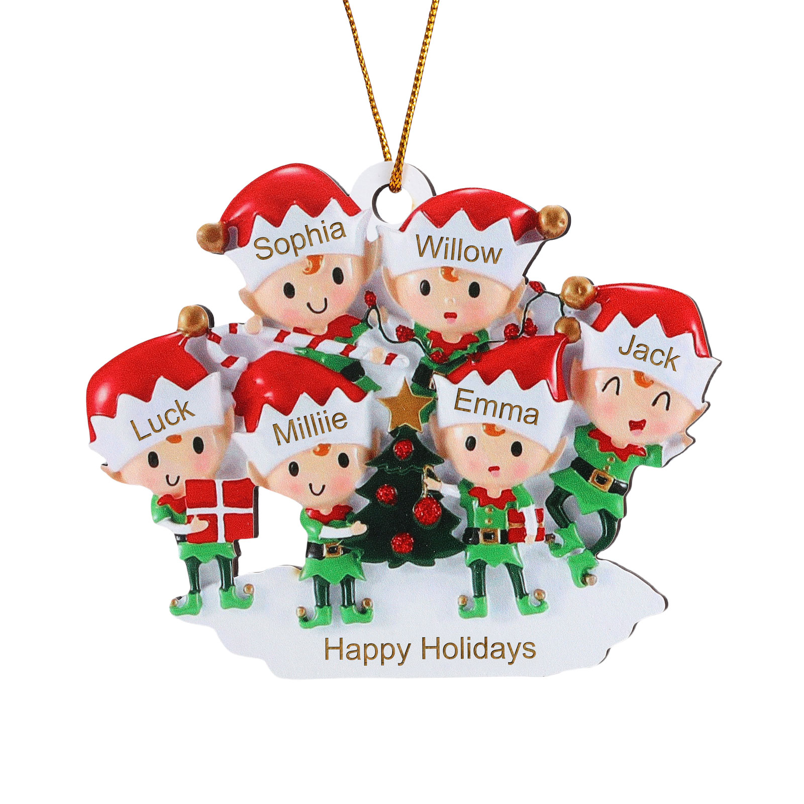 Decorazione Natalizia in Legno Personalizzata - Albero di Natale e Elfi - Personalizzabile con 6 Nomi e 1 Testo - Regalo di Natale per Famiglia | Jessemade