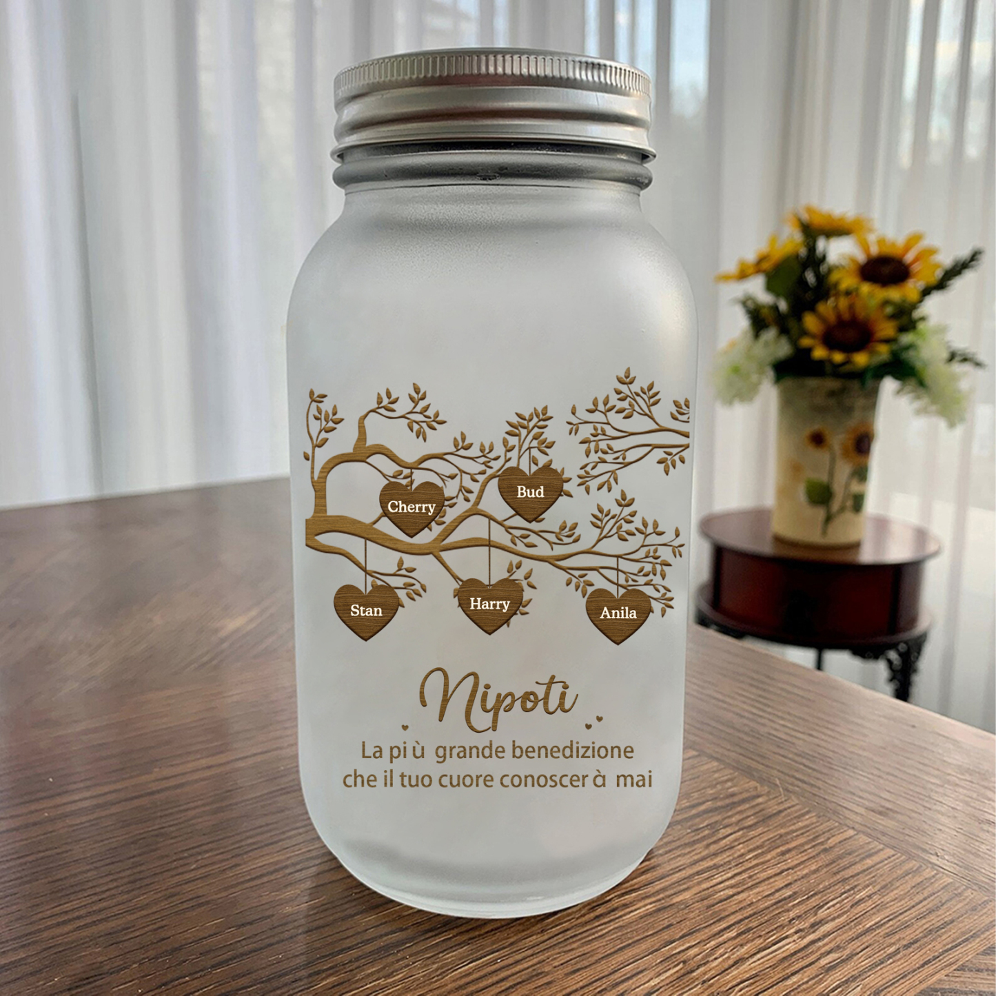 Bottiglia Illuminante Lampada Personalizzata in Vetro con LED 5 Nomi e 2 Testi Personalizzati Albero di Famiglia Regalo Per i Nonni