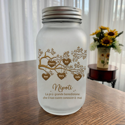 Bottiglia Illuminante Lampada Personalizzata in Vetro con LED 5 Nomi e 2 Testi Personalizzati Albero di Famiglia Regalo Per i Nonni