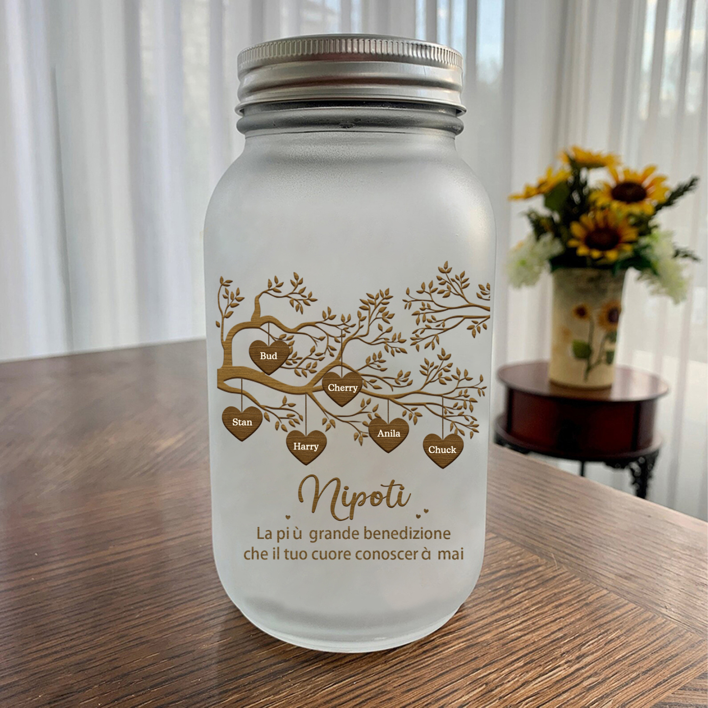 Bottiglia Illuminante Lampada Personalizzata in Vetro con LED 6 Nomi e 2 Testi Personalizzati Albero di Famiglia Regalo Per i Nonni