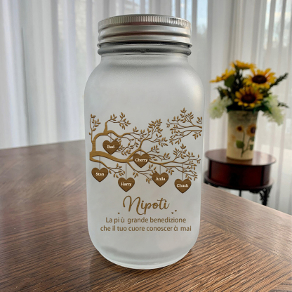 Bottiglia Illuminante Lampada Personalizzata in Vetro con LED 6 Nomi e 2 Testi Personalizzati Albero di Famiglia Regalo Per i Nonni