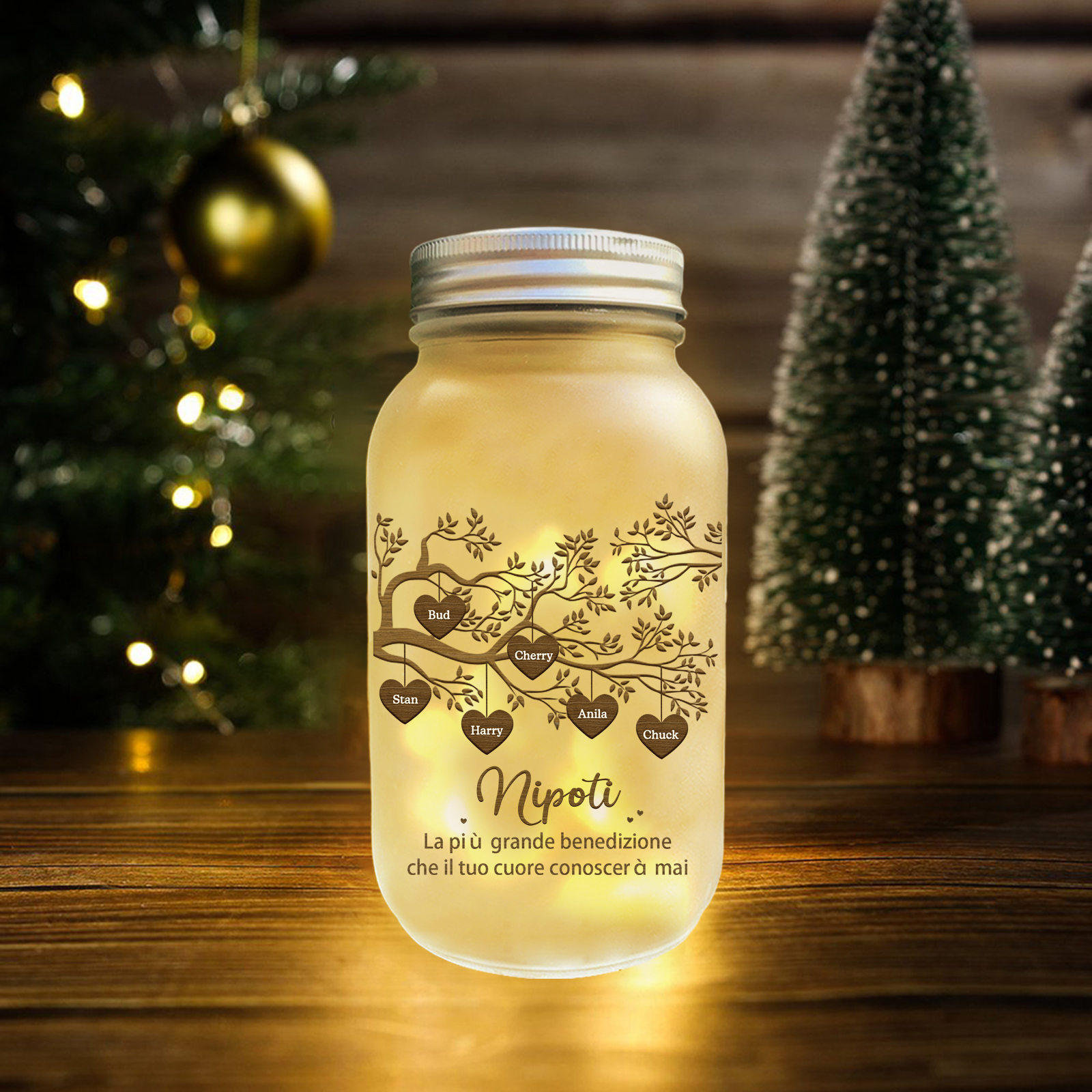Bottiglia Illuminante Lampada Personalizzata in Vetro con LED 6 Nomi e 2 Testi Personalizzati Albero di Famiglia Regalo Per i Nonni