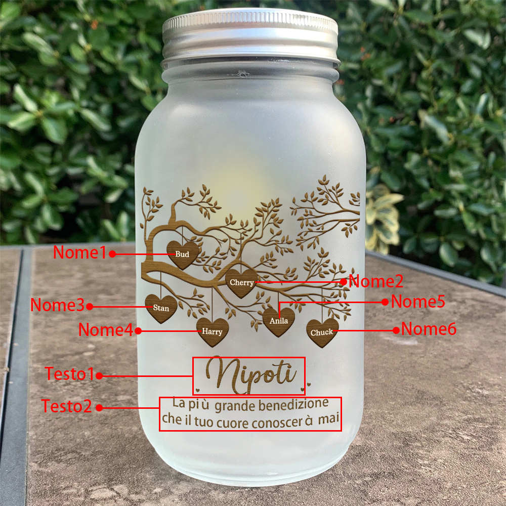 Bottiglia Illuminante Lampada Personalizzata in Vetro con LED 6 Nomi e 2 Testi Personalizzati Albero di Famiglia Regalo Per i Nonni