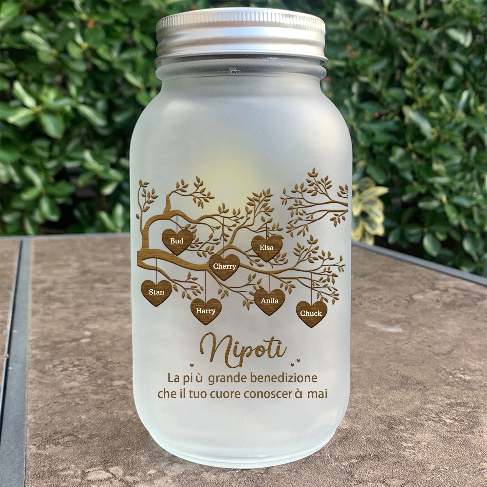 Bottiglia Illuminante Lampada Personalizzata in Vetro con LED 7 Nomi e 2 Testi Personalizzati Albero di Famiglia Regalo Per i Nonni