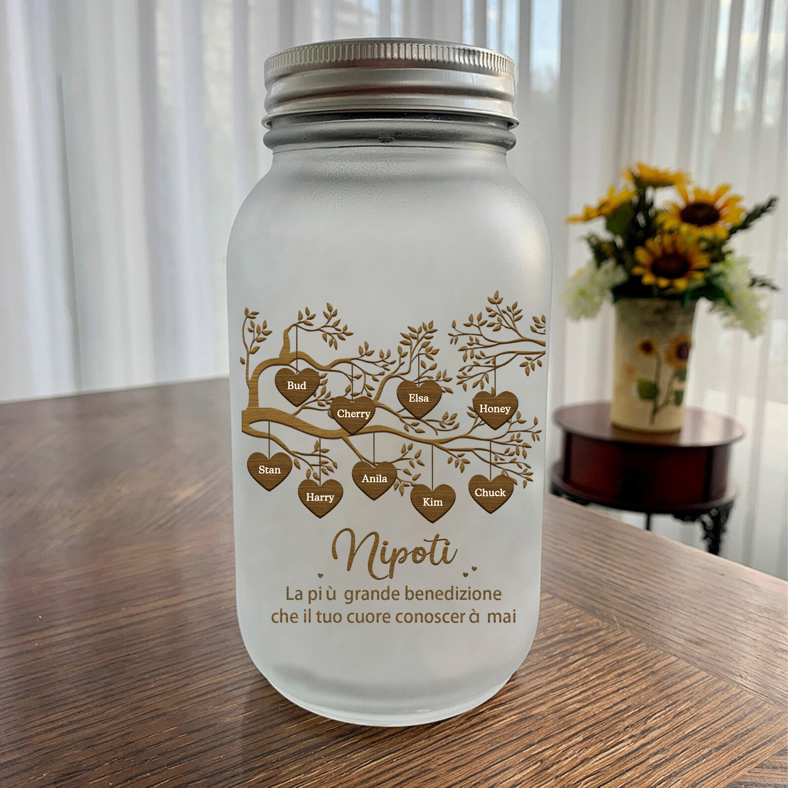 Bottiglia Illuminante Lampada Personalizzata in Vetro con LED 9 Nomi e 2 Testi Personalizzati Albero di Famiglia Regalo Per i Nonni