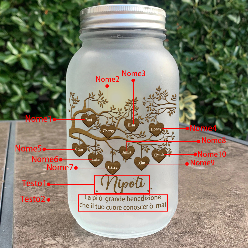 Bottiglia Illuminante Lampada Personalizzata in Vetro con LED 10 Nomi e 2 Testi Personalizzati Albero di Famiglia Regalo Per i Nonni