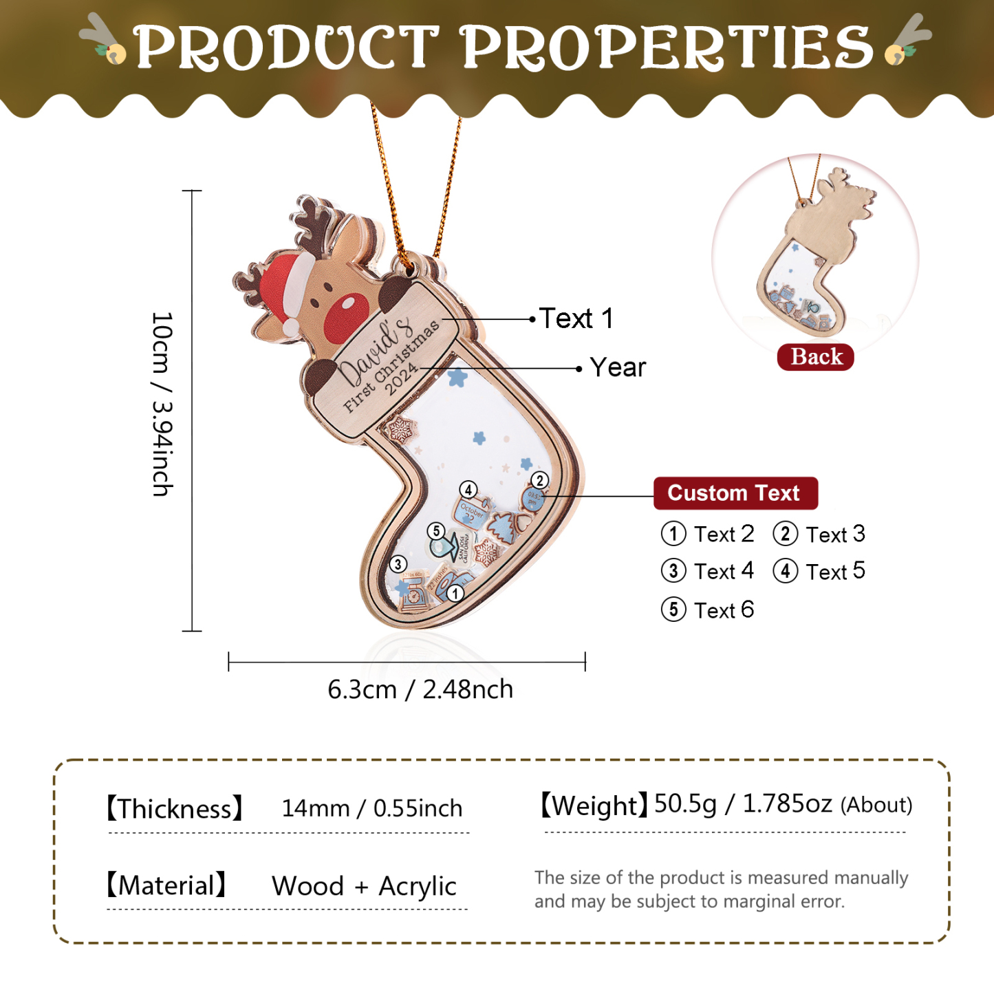 Decorazione Natalizia Personalizzata per il Primo Natale del Bambino - Con Nome, Data e 5 Testo Personalizzati, Regalo di Natale per Bambino | Jessemade