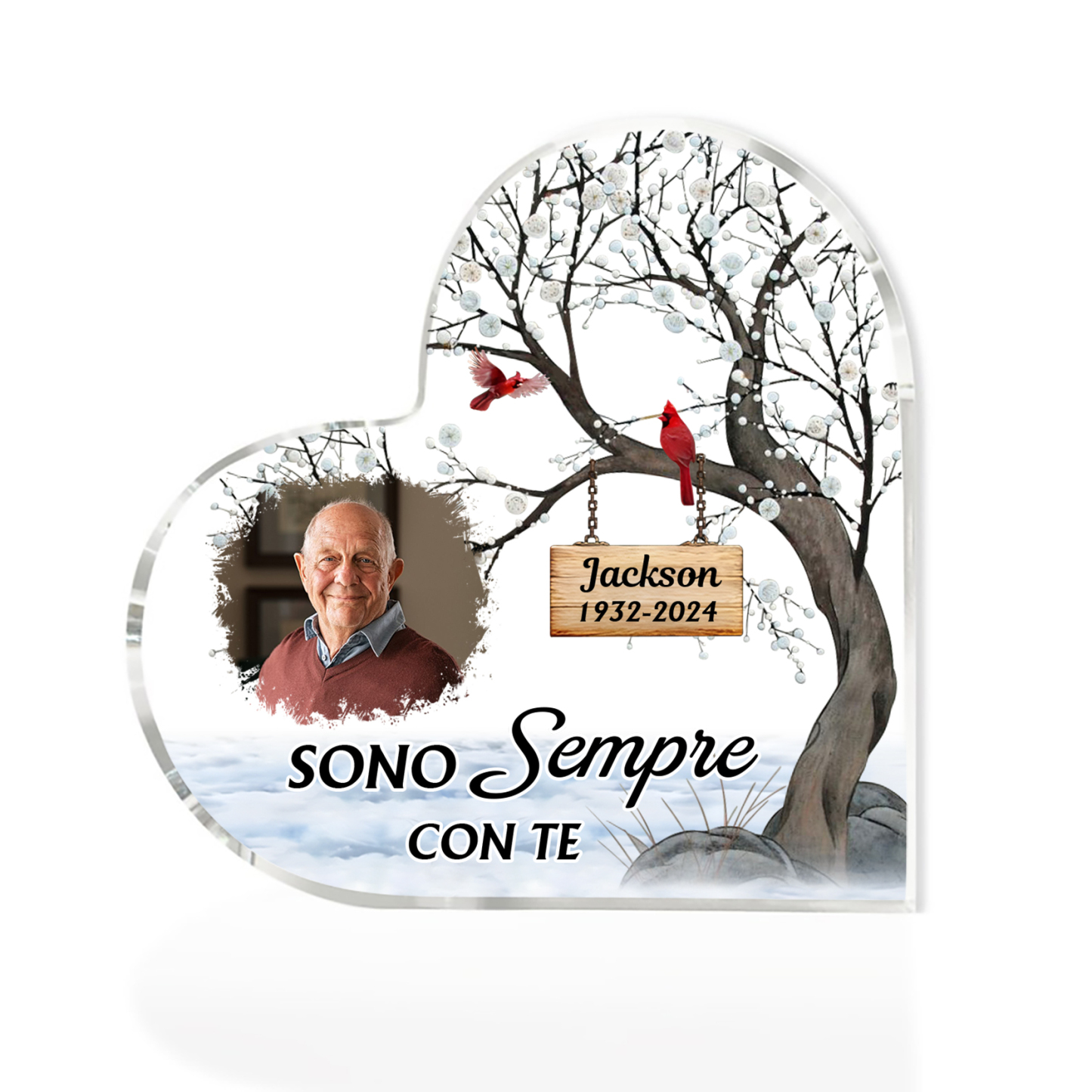 Deco cuore commemorativo in acrilico per memoria con 1 nome e 1 foto e 1 data personalizzati