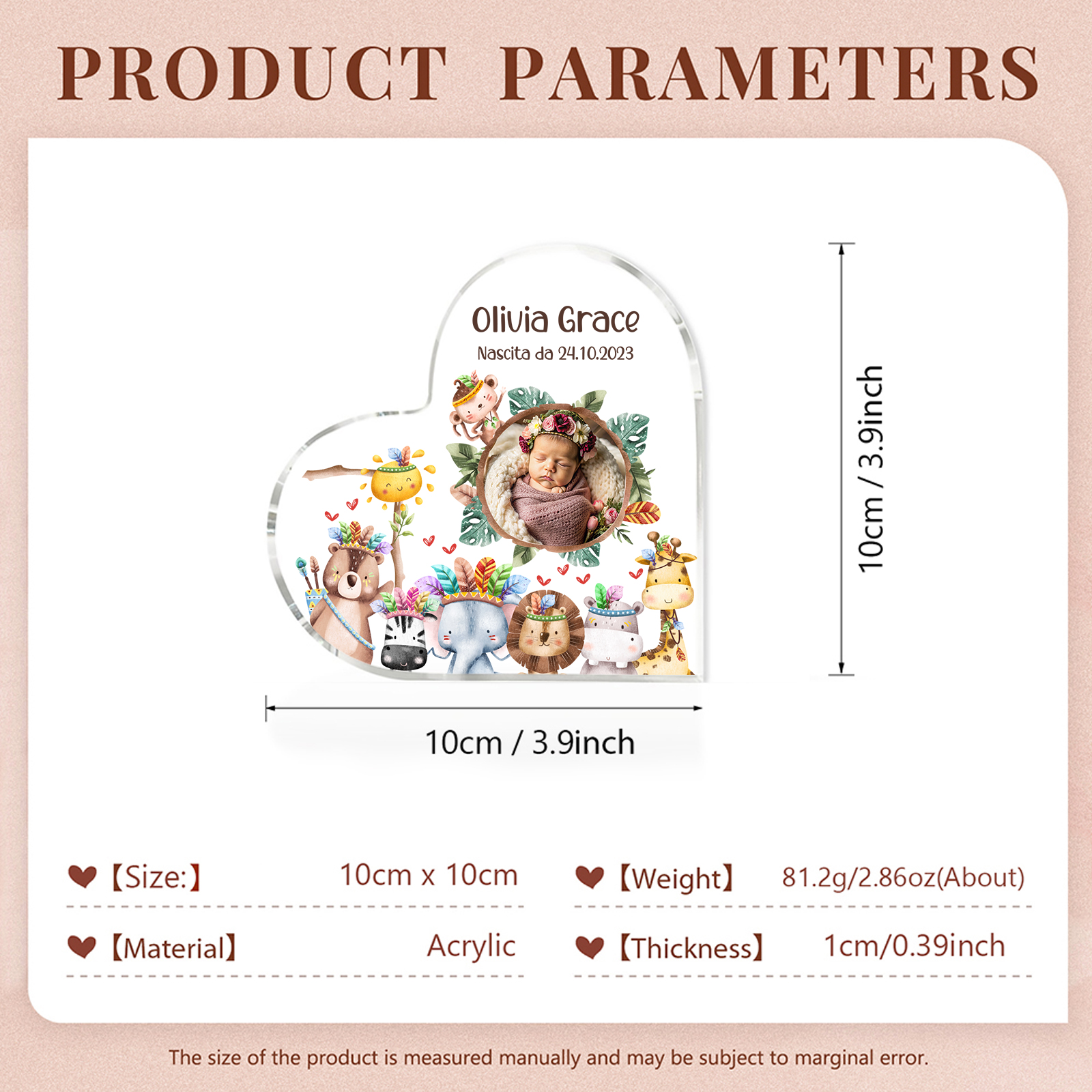 Mio 1° Natale-Decorazione cuore acrilica con animali con 1 nome e 1 testo e 1 foto personalizzati regalo per neo