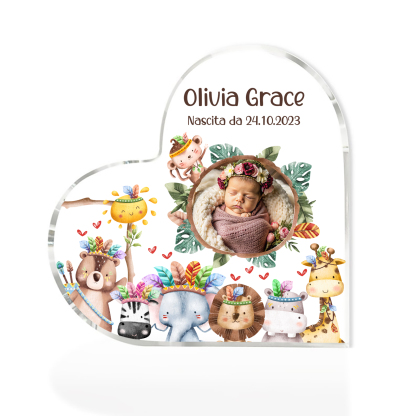 Mio 1° Natale-Decorazione cuore acrilica con animali con 1 nome e 1 testo e 1 foto personalizzati regalo per neo