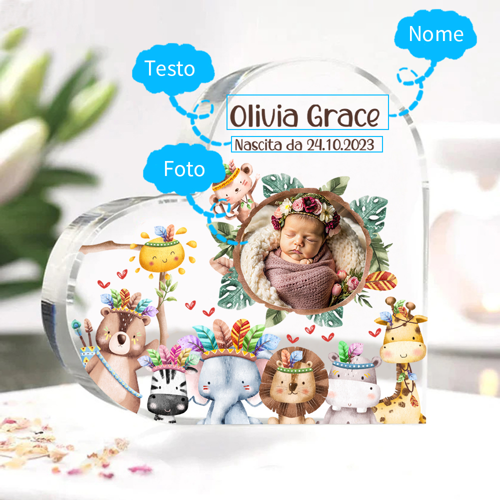 Mio 1° Natale-Decorazione cuore acrilica con animali con 1 nome e 1 testo e 1 foto personalizzati regalo per neo