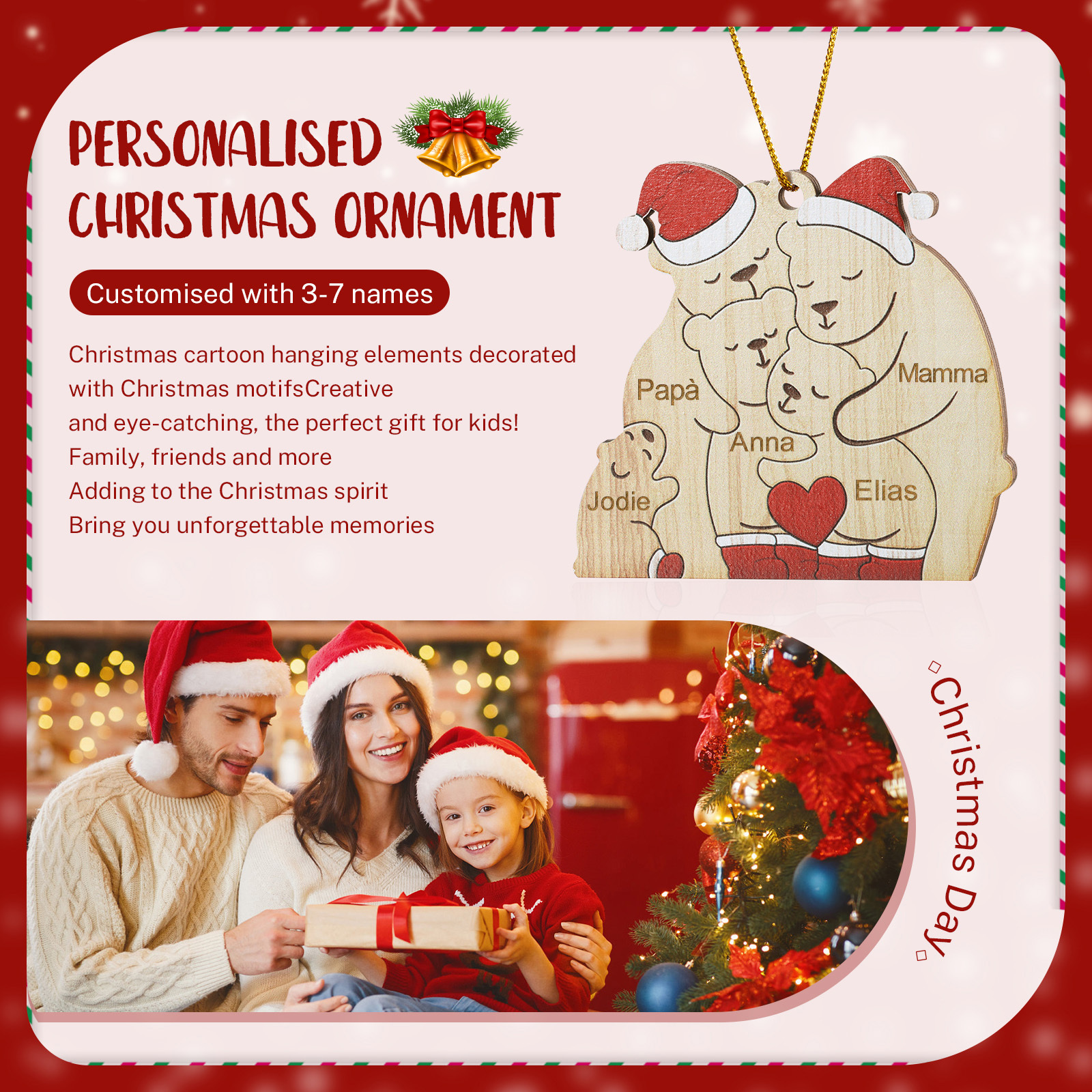 "Famiglia di Orsi"Pendente di Natale Personalizzato in legno per la famiglia 5 Nomi personalizzati