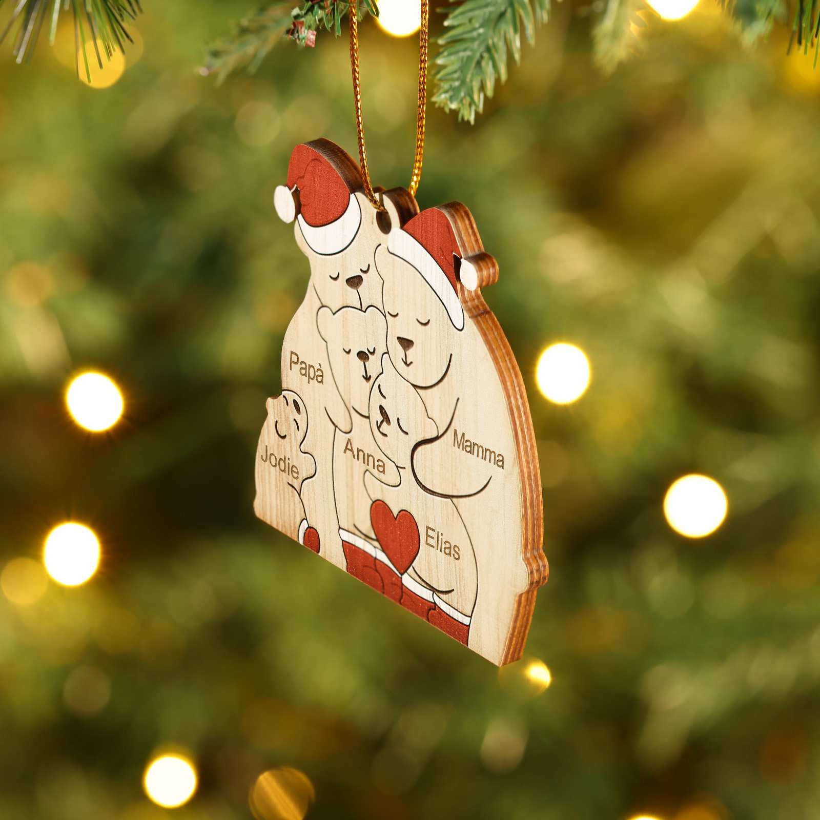 "Famiglia di Orsi"Pendente di Natale Personalizzato in legno per la famiglia 5 Nomi personalizzati