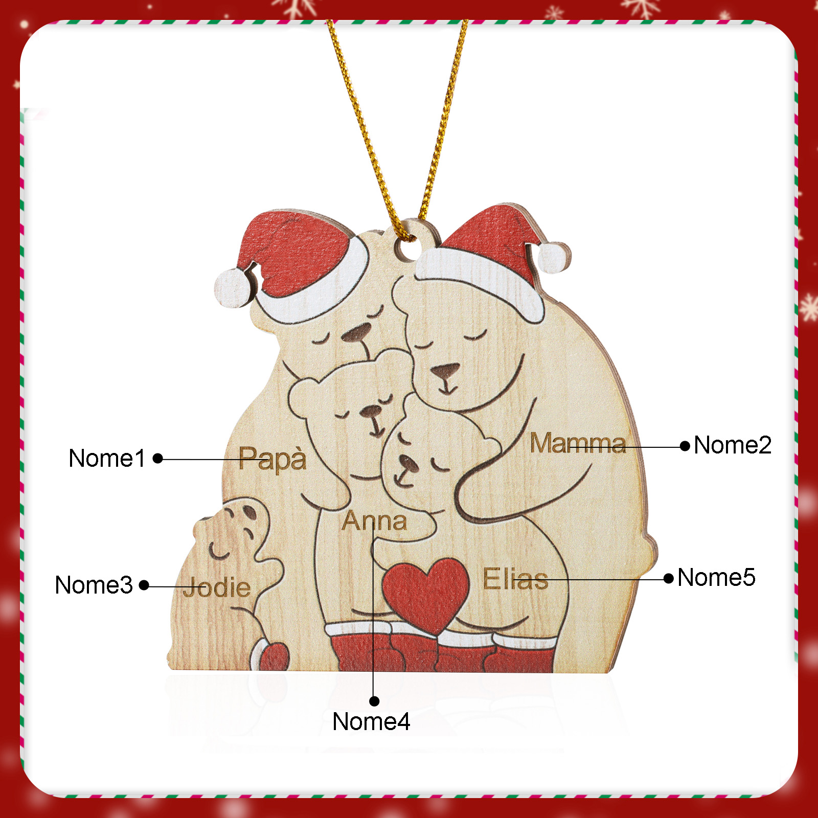 "Famiglia di Orsi"Pendente di Natale Personalizzato in legno per la famiglia 5 Nomi personalizzati
