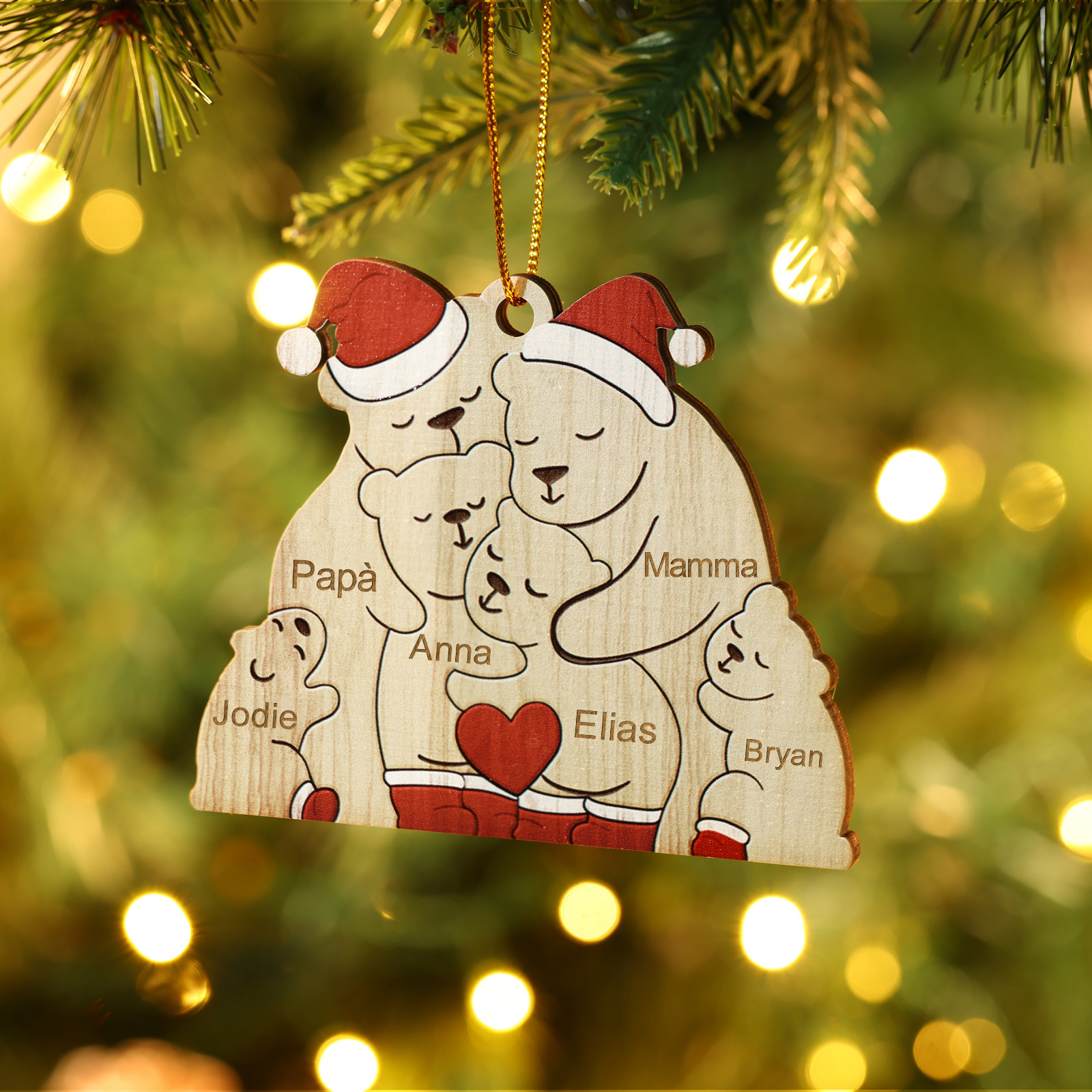 "Famiglia di Orsi"Pendente di Natale Personalizzato in legno per la famiglia 6 Nomi personalizzati